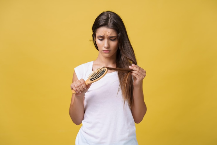Foto grátis mão de uma mulher segurando seu cabelo comprido olhando para pontas danificadas e rachadas de problemas de cuidados com os cabelos
