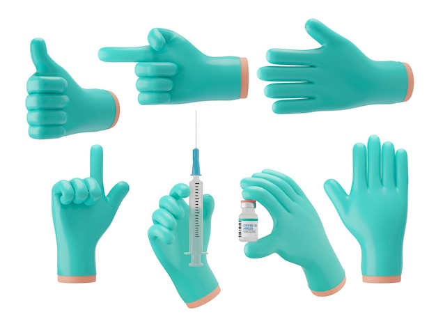 Mão do médico 3d usando luvas de borracha azul-esverdeada mostra vários gestos para apresentações, anúncios. renderização de ilustração 3d.