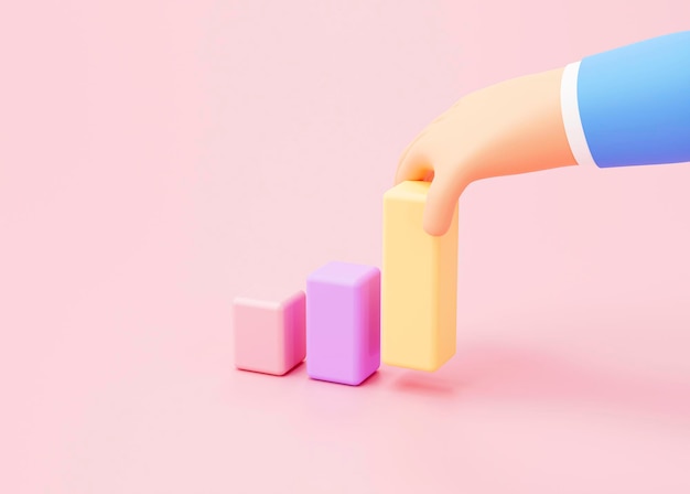 Mão organizando o conceito de sucesso de crescimento de negócios de barras em crescimento na renderização 3d de fundo rosa
