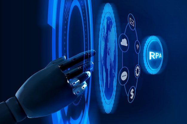 Mão robótica e conceito de rpa de hologramas