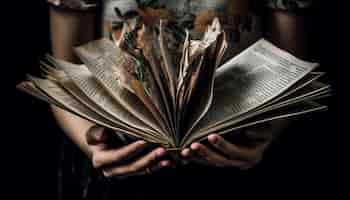 Foto grátis mão segurando a bíblia antiga em busca de sabedoria e espiritualidade gerada pela ia