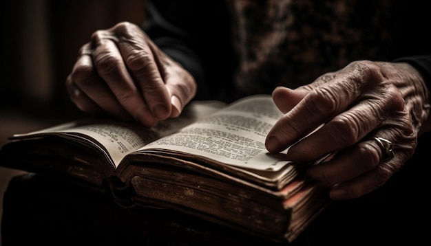 Mão segurando a Bíblia estudando texto religioso dentro de casa gerado por IA