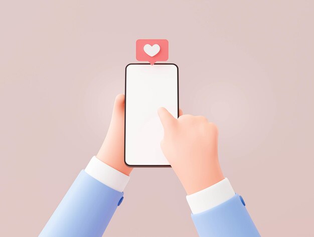 Mão segurando o celular com alerta de notificação de amor no lembrete de aviso de bolha de fala de bate-papo ilustração de desenho animado 3d