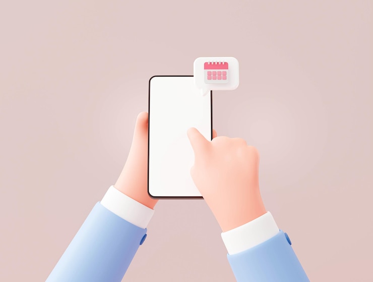 Mão segurando o celular com alerta de notificação de calendário no lembrete de aviso de bolha de fala de bate-papo ilustração de desenho animado 3d