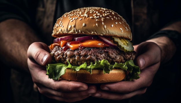 Foto grátis mão segurando o cheeseburger grelhado na mesa de madeira gerada pela ia