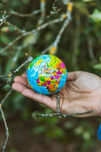 Mão segurando o pequeno globo na natureza