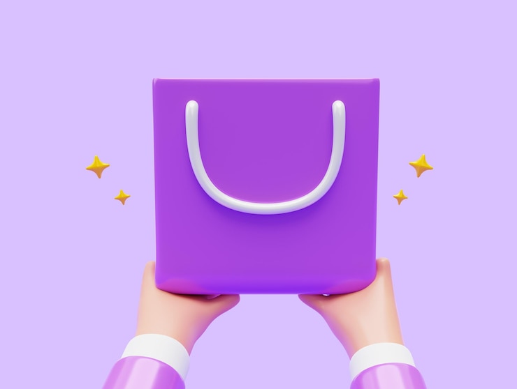 Foto grátis mão segurando o símbolo do ícone do elemento do saco de compras oferecer promoção de desconto de varejo ecommerce compras on-line ilustração 3d