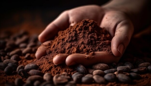 Mão segurando pilha de grãos de café torrado fresco gerado por IA