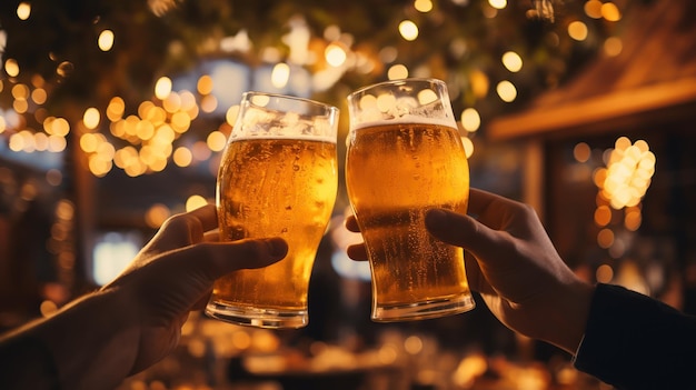 Mãos brindando com cerveja durante uma festa