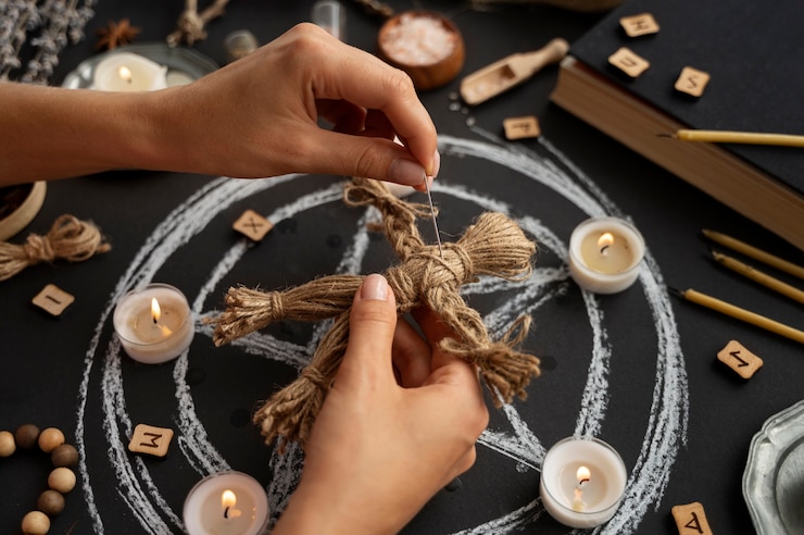 Foto grátis mãos de alto ângulo segurando boneca vodu