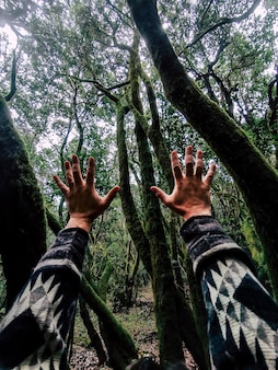 Mãos de homem contra bosques de árvores verdes floresta escura em atividade de lazer ao ar livre. conceito de meio ambiente e salvar o planeta do mundo. pessoas e estilo de vida de aventura