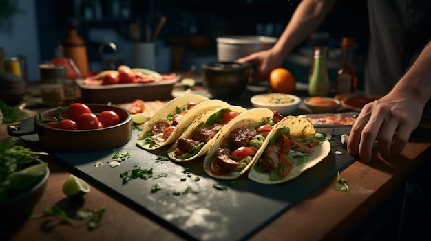 Mãos fazendo deliciosos tacos