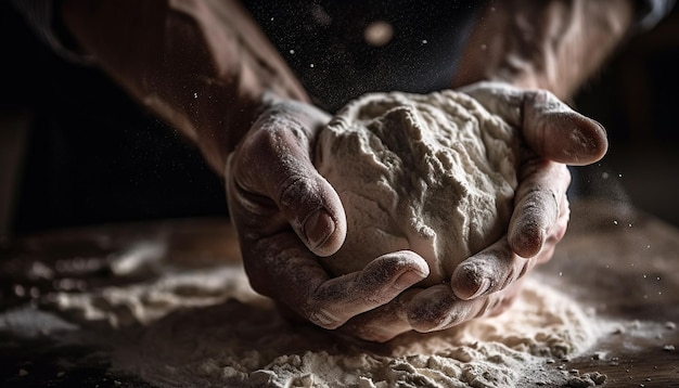 Mãos habilidosas de artesãos criam pão artesanal orgânico gerado por ia