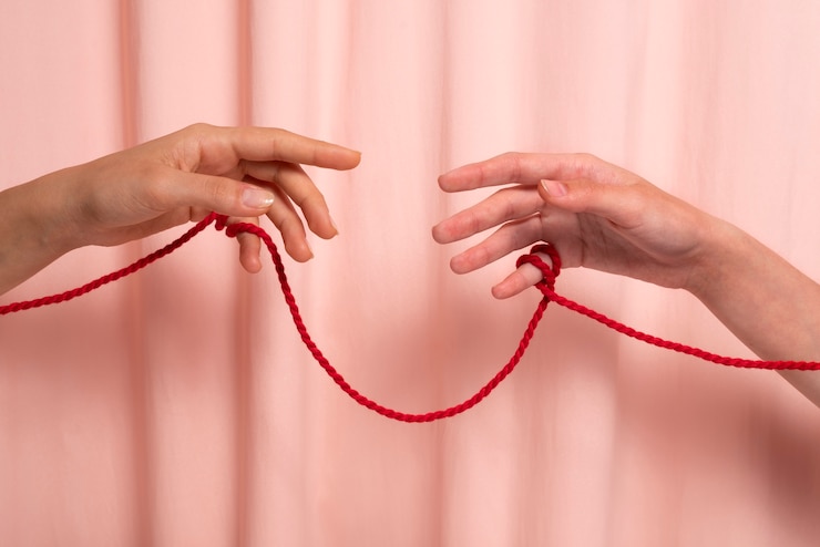 Foto grátis mãos humanas conectadas com fio vermelho
