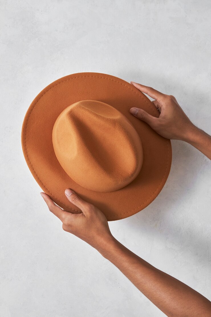 Mãos segurando um chapéu fedora em estúdio