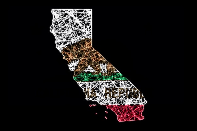 Mapa da Califórnia, mapa de linhas de malha poligonal, mapa de bandeiras