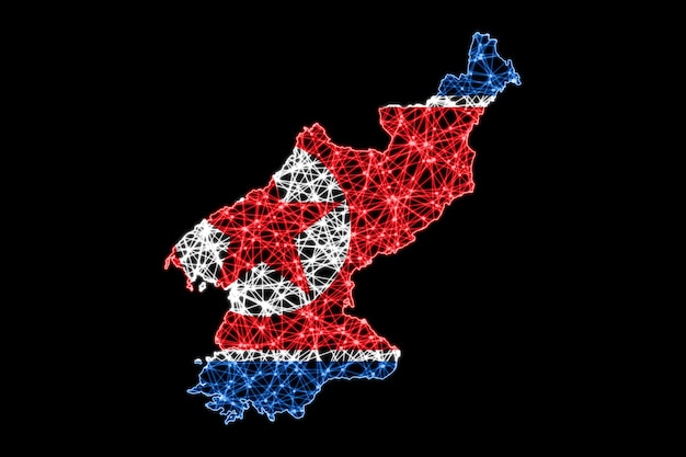 Mapa da Coreia do Norte, mapa de linha de malha poligonal, mapa de bandeira