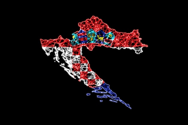 Mapa da croácia, mapa de linha de malha poligonal, mapa de bandeira