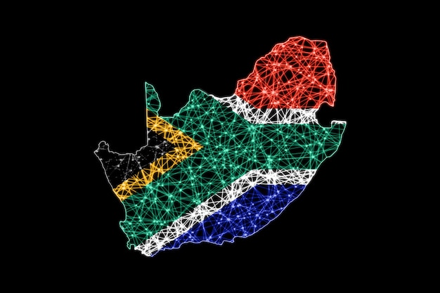 Mapa da África do Sul, mapa de linha de malha poligonal, mapa de bandeira