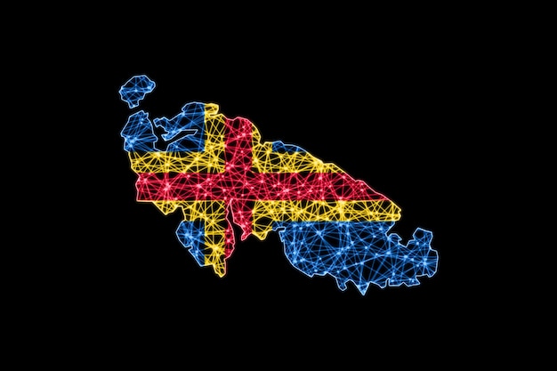 Mapa das ilhas aland, mapa de linha de malha poligonal, mapa de bandeira