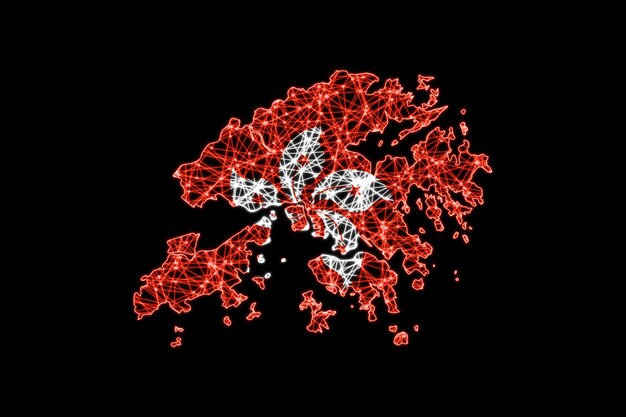 Mapa de Hong Kong, mapa de linha de malha poligonal, mapa de bandeira