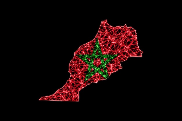 Mapa de marrocos, mapa de linha de malha poligonal, mapa de bandeira