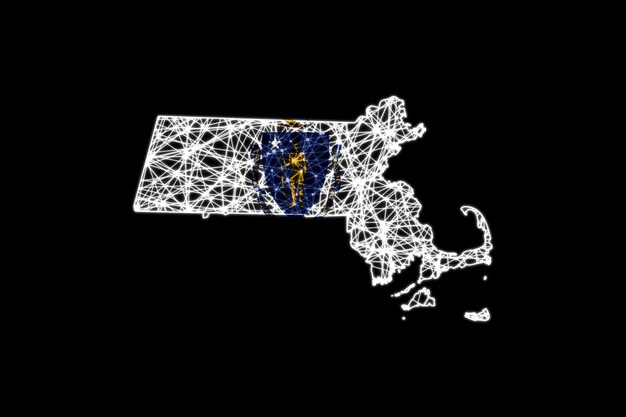 Mapa de Massachusetts, mapa de linha de malha poligonal, mapa de bandeira