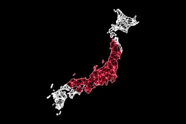 Mapa do Japão, mapa de linha de malha poligonal, mapa de bandeira