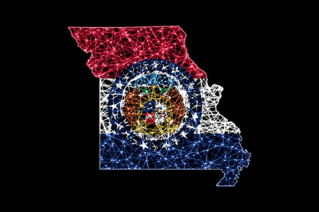 Mapa do Missouri, mapa de linhas de malha poligonal, mapa de bandeiras