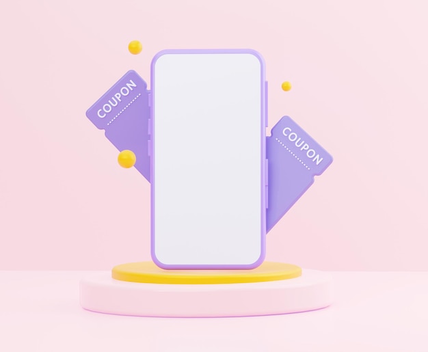 Maquete 3d de um telefone com tela branca e cupons roxos no pódio. renderização 3d.