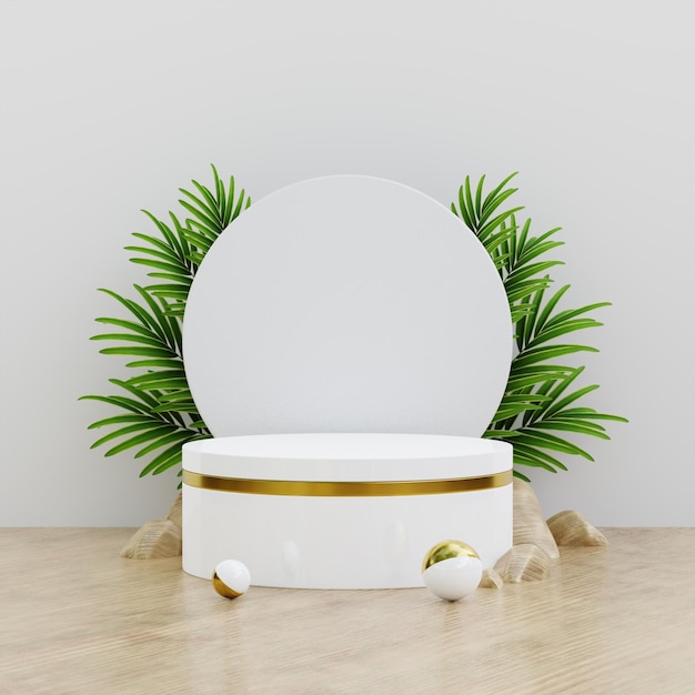 Maquete de pódio de ouro branco para apresentação de produtos decorada com folhas de palmeira 3D Rendering