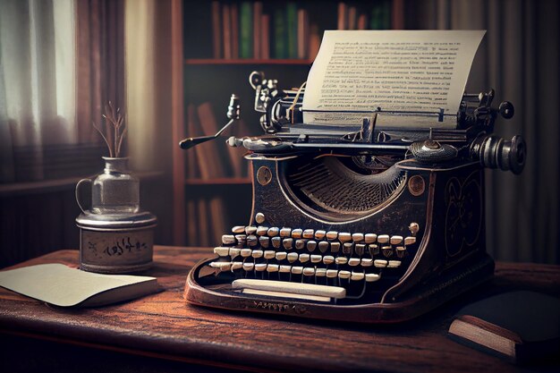 Máquina de escrever na nostalgia da velha mesa e IA generativa da cena da história