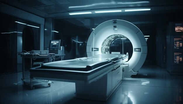 Máquinas hospitalares modernas iluminam scanner de ressonância magnética azul gerado por IA