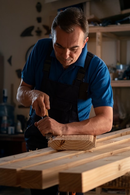 Foto grátis marceneiro masculino em sua loja trabalhando com ferramentas e equipamentos