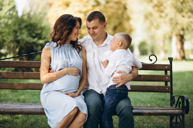 Marido com a esposa grávida e seu filho no parque