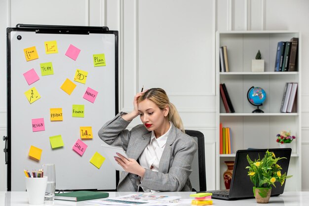 Marketing jovem loira bonita de terno cinza no escritório confuso olhando para os resultados do trabalho