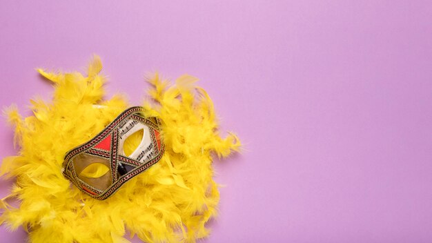 Foto grátis máscara de carnaval dourado com espaço de boá e cópia de penas amarelas