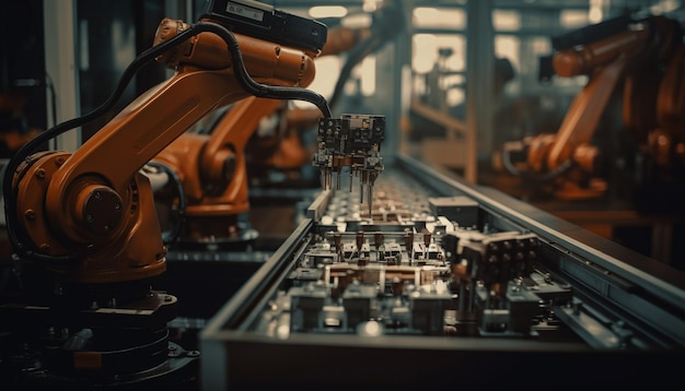 Mecânico controla braço robótico em linha de produção futurista gerada por IA