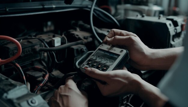 Mecânico qualificado reparando motor de carro com IA geradora de chave inglesa