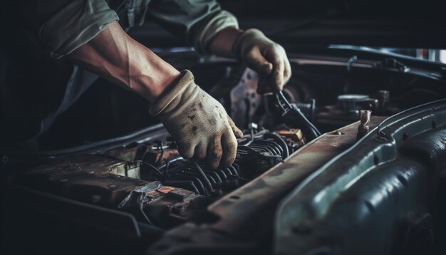 Mecânico reparando o motor do carro com ferramenta de chave inglesa gerada por IA