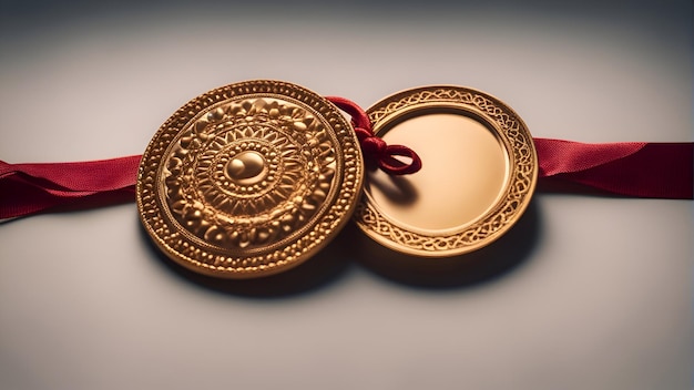 Foto grátis medalha de ouro com fita vermelha em fundo branco close-up