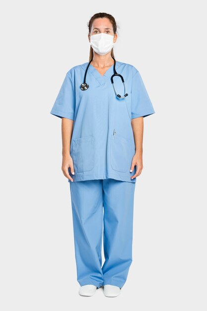 Médica com um vestido azul de corpo inteiro