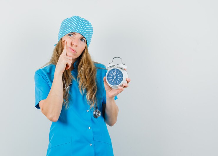 Foto grátis médica de uniforme azul segurando um despertador e olhando pensativa