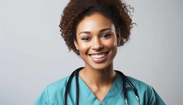 Médica jovem confiante com sorriso aberto gerado por IA