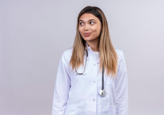 Médica jovem e bonita tímida vestindo jaleco branco com estetoscópio olhando para o lado