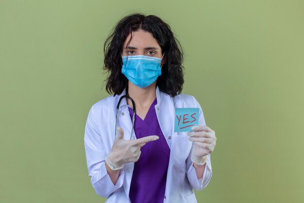 médica vestindo jaleco branco com estetoscópio e máscara protetora médica segurando um papel de lembrete com a palavra sim apontando com o dedo para ele com cara séria em verde isolado