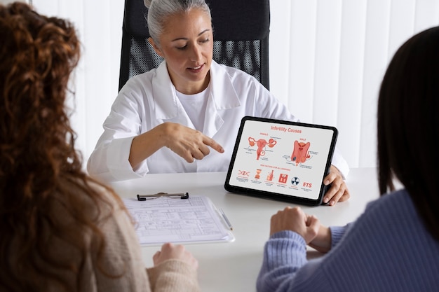 Médico de alto ângulo apresentando com tablet