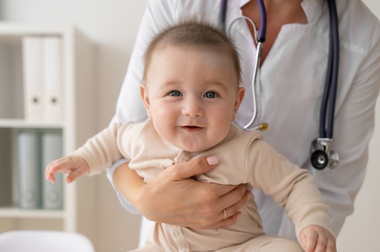 Foto grátis médico de vista frontal segurando bebê