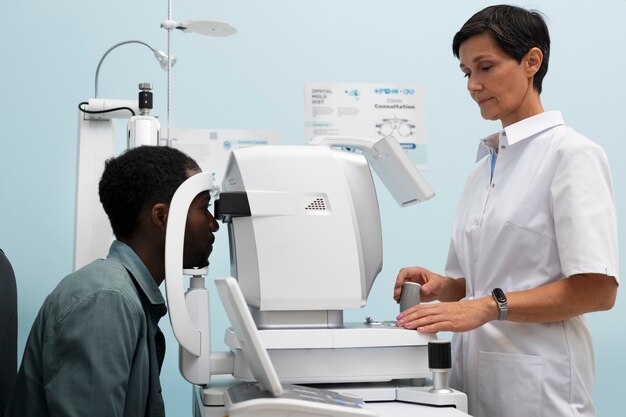 Médico e paciente no consultório do oftalmologista