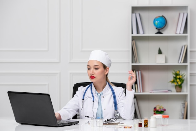 Médico muito bonito médico de jaleco branco e chapéu com computador na conferência